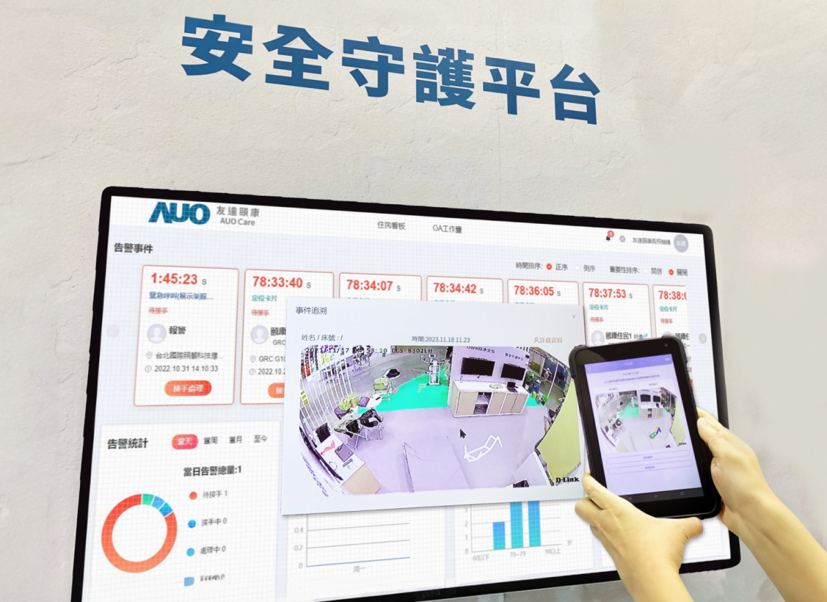 友達頤康整合軟硬體包含跌倒偵測、智慧床墊和緊急呼叫管理等，透過安全守護平台進行IoT設備統一監控與管理，提供長照場域落實安全守護方案